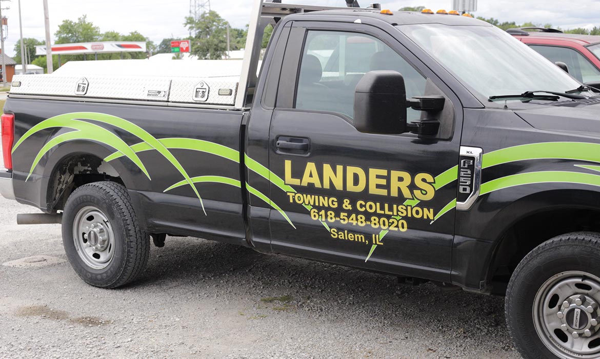 Close up of Landers tow truck